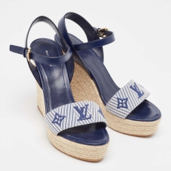 مملوكة مسبقًا Louis Vuitton Navy Blue Monogram Canvas and Leather Sail Away Wedge Sandals Size 38