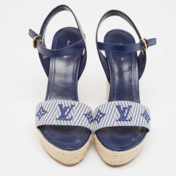 مملوكة مسبقًا Louis Vuitton Navy Blue Monogram Canvas and Leather Sail Away Wedge Sandals Size 38