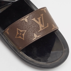 Pre Owned Louis Vuitton Brown/Black Patent and Monogram Canvas Flat Slides Size 38