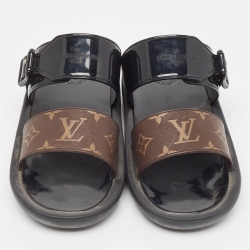 Pre Owned Louis Vuitton Brown/Black Patent and Monogram Canvas Flat Slides Size 38