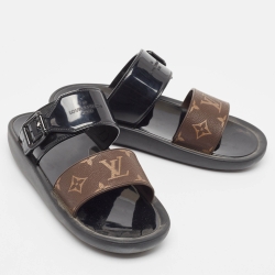 Pre Owned Louis Vuitton Brown/Black Patent and Monogram Canvas Flat Slides Size 38