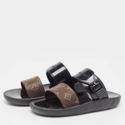 Pre Owned Louis Vuitton Brown/Black Patent and Monogram Canvas Flat Slides Size 38