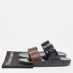 Pre Owned Louis Vuitton Brown/Black Patent and Monogram Canvas Flat Slides Size 38
