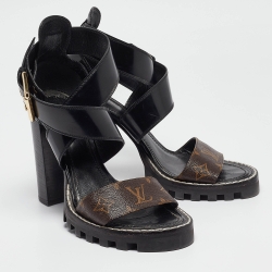 مملوكة مسبقًا Louis Vuitton Brown/Black Monogram Canvas and Patent Cross Ankle Strap Sandals Size 41