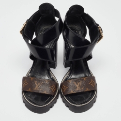 مملوكة مسبقًا Louis Vuitton Brown/Black Monogram Canvas and Patent Cross Ankle Strap Sandals Size 41