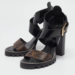 مملوكة مسبقًا Louis Vuitton Brown/Black Monogram Canvas and Patent Cross Ankle Strap Sandals Size 41