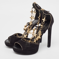 مملوكة مسبقًا Louis Vuitton Black Suede Gold Sweater Lady Open Toe Platform Sandals Size 37.5