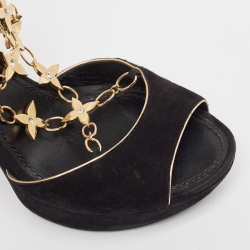 مملوكة مسبقًا Louis Vuitton Black Suede Gold Sweater Lady Open Toe Platform Sandals Size 37.5