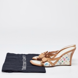 Pre Owned Louis Vuitton White/Tan Monogram Canvas and Leather Bow Wedge Slide Sandals Size 38.5