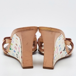 Pre Owned Louis Vuitton White/Tan Monogram Canvas and Leather Bow Wedge Slide Sandals Size 38.5