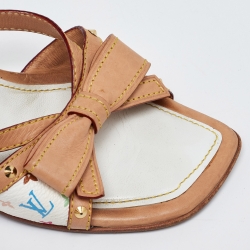 Pre Owned Louis Vuitton White/Tan Monogram Canvas and Leather Bow Wedge Slide Sandals Size 38.5