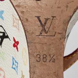 Pre Owned Louis Vuitton White/Tan Monogram Canvas and Leather Bow Wedge Slide Sandals Size 38.5