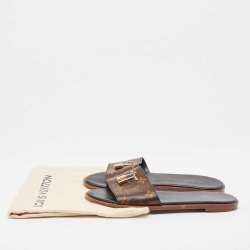 Pre Owned Louis Vuitton Brown Monogram Coated Canvas Lock It Flat Slides Size 38