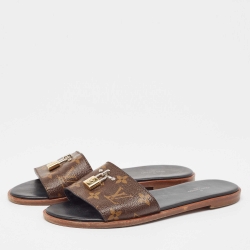 Pre Owned Louis Vuitton Brown Monogram Coated Canvas Lock It Flat Slides Size 38
