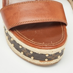 Louis Vuitton Brown Leather and Monogram Canvas Boundary Wedge Sandals Size 37