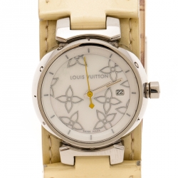 Louis Vuitton Mother of Pearl Stainless Steel Tambour Q121C Women's Wristwatch 28 mm