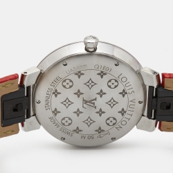 Louis Vuitton Silver Diamonds Stainless Steel Alligator Tambour Q1E01 Women's Wristwatch 39 mm