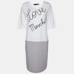 Love Moschino White & Grey Book Paper Printed Cotton Knit T-Shirt Dress M