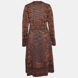 Pre Owned M Missoni Brown Floral Intarsia Knitted Long Sleeve Midi Dress L