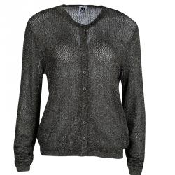 Pre Owned كارديغان أم ميزوني تريكو لوريكس أسود ميتاليك بأزرار أمامية L