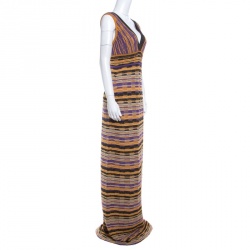 Pre Owned M Missoni Multicolor Lurex Patterned Knit Plunge Neck Maxi Dress M