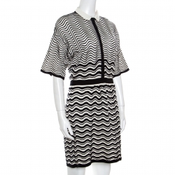 Pre Owned M Missoni Monochrome Wave Patterned Knit Collared Short Sleeve Dress M