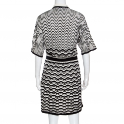 Pre Owned M Missoni Monochrome Wave Patterned Knit Collared Short Sleeve Dress M