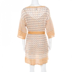 Pre Owned M Missoni Multicolor Patterned Perfroated Knit Boat Neck Belted Dress M