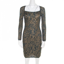 Blue Floral Jacquard Lurex Knit Long Sleeve Cross Back Mini Dress
