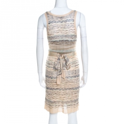 Pre Owned M Missoni Beige Wave Pattern Perforated Knit Wait Tie Detail Sleeveless Dress M