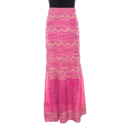 Pre Owned M Missoni Pink Lurex Knit Chevron Paneled Maxi Skirt S