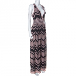 Pre Owned M Missoni Pale Pink and Black Chevron Pattern Lurex Knit Maxi Dress M