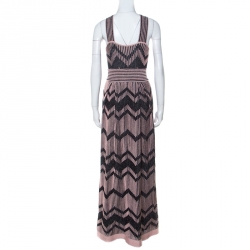 Pre Owned M Missoni Pale Pink and Black Chevron Pattern Lurex Knit Maxi Dress M