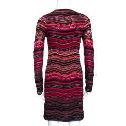 مملوكة مسبقًا M Missoni Red Wave Pattern Textured Knit Long Sleeve Dress S