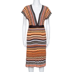 M Missoni Orange & Brown Striped Knit Plunge Neck Dress M M