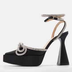 Mach & Mach Black Satin Double Bow Crystal Embellished Platform Pumps Size 40