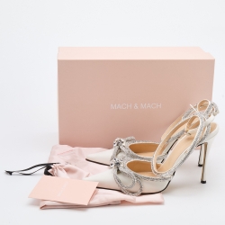 Pre Owned Mach & Mach White Satin Embellished Double Bow Ankle Strap Pumps Size 40