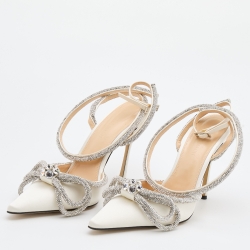 Pre Owned Mach & Mach White Satin Embellished Double Bow Ankle Strap Pumps Size 40