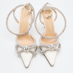 Pre Owned Mach & Mach White Satin Embellished Double Bow Ankle Strap Pumps Size 40