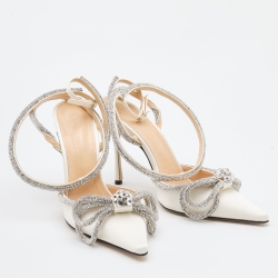 Pre Owned Mach & Mach White Satin Embellished Double Bow Ankle Strap Pumps Size 40