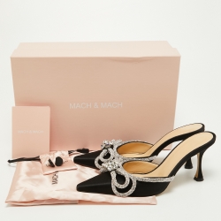 Pre Owned Mach & Mach Black Satin Crystal Embellished Double Bow Mules Size 38