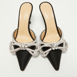 Pre Owned Mach & Mach Black Satin Crystal Embellished Double Bow Mules Size 38