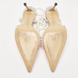 Pre Owned Mach & Mach Pink PVC Crystal and Pearl Embellished Ankle Wrap Pumps Size 38