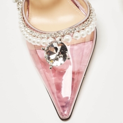 Pre Owned Mach & Mach Pink PVC Crystal and Pearl Embellished Ankle Wrap Pumps Size 38