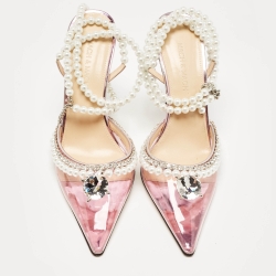 Pre Owned Mach & Mach Pink PVC Crystal and Pearl Embellished Ankle Wrap Pumps Size 38