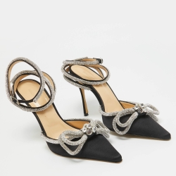 Pre Owned Mach & Mach Black Satin Embellished Double Bow Ankle Strap Pumps Size 40.5
