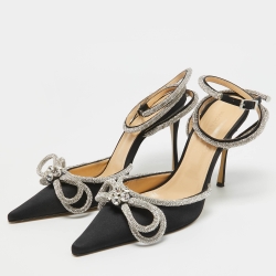 Pre Owned Mach & Mach Black Satin Embellished Double Bow Ankle Strap Pumps Size 40.5