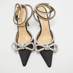 Pre Owned Mach & Mach Black Satin Embellished Double Bow Ankle Strap Pumps Size 40.5
