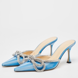 Pre Owned Mach & Mach Blue/White Iridescent PVC Crystal Embellished Double Bow Mules Size 38