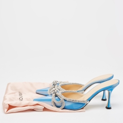 Pre Owned Mach & Mach Blue/White Iridescent PVC Crystal Embellished Double Bow Mules Size 38